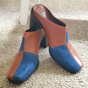 Like new! Worthington denium block design heeled mules #Y2K